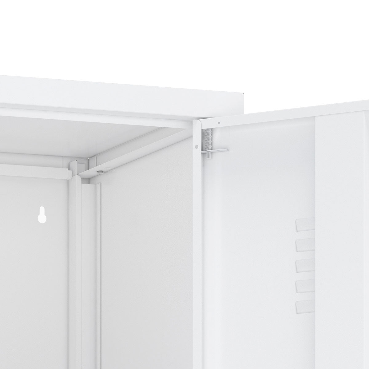 Close-up view of the interior hinges of the Narrow Garage Cabinets, 15" Metal Storage, Slim Design__White