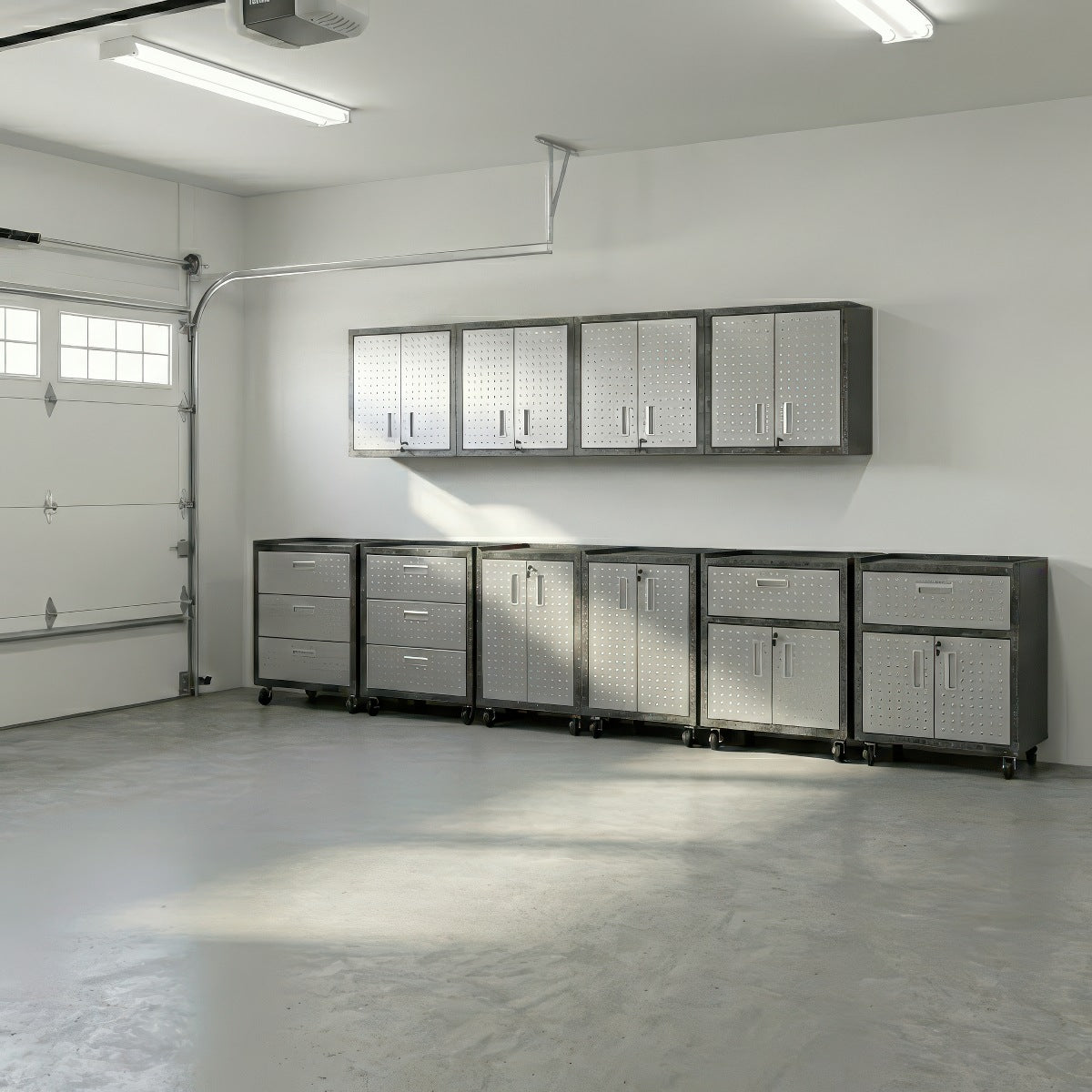 Garage Cabinet Sets with 10-piece silver metal wall-mounted and rolling floor units in a clean, organized modern garage__DarkGray
