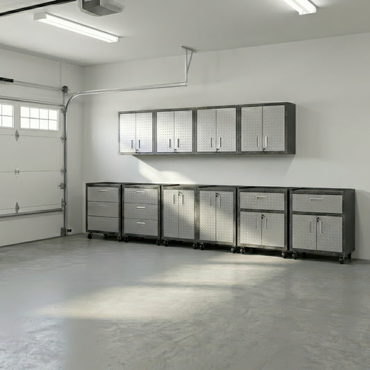 10 Piece Garage Cabinets, Drawer|Shelf|Wall Storage in a spacious garage setting with steel construction.