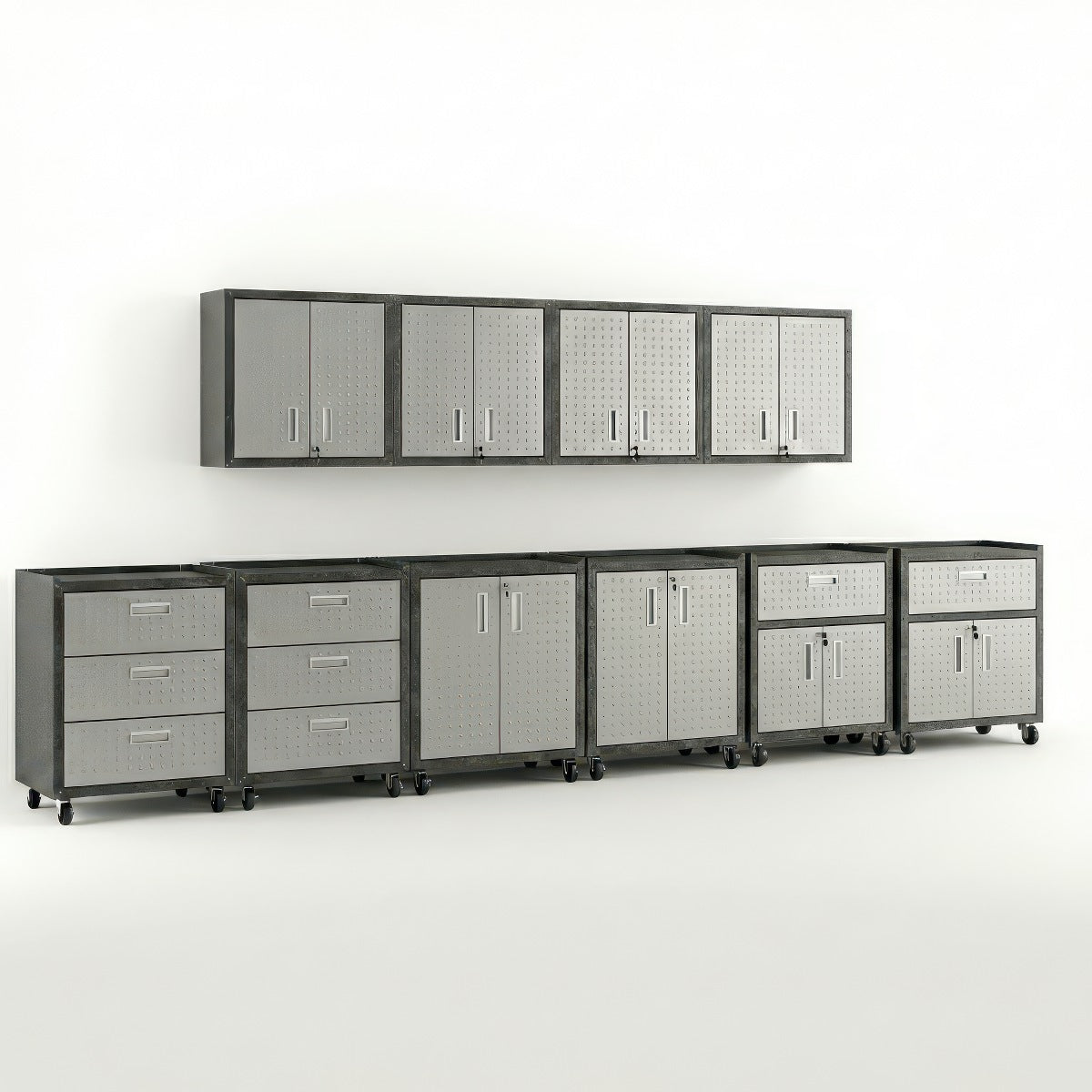 Garage Cabinet Sets with wall-mounted units and rolling floor cabinets featuring drawers, shelves, and doors in silver finish__DarkGray