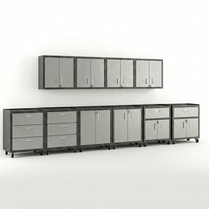 Garage Cabinet Sets with wall-mounted units and rolling floor cabinets featuring drawers, shelves, and doors in silver finish__DarkGray
