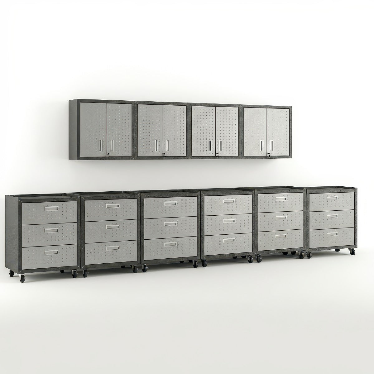 Garage Cabinet Sets with 5 rolling drawer units on casters and 4 wall-mounted cabinets in gray metal finish