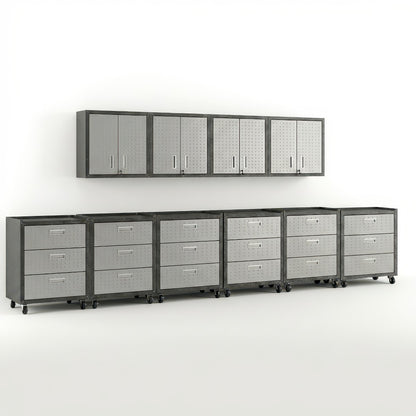 Garage Cabinet Sets with 5 rolling drawer units on casters and 4 wall-mounted cabinets in gray metal finish