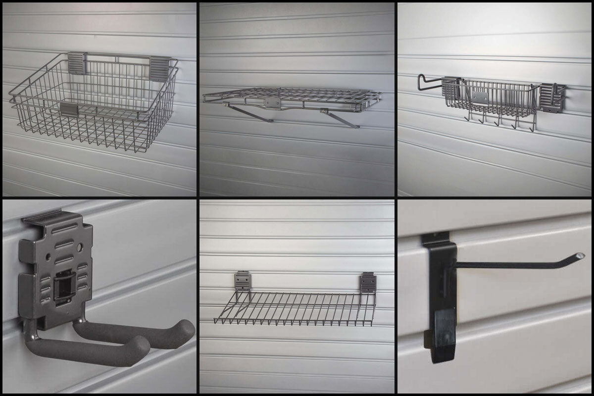 Slatwall Sports Accessories golf kit featuring wire baskets, shelves, hooks, and brackets mounted on white slatwall panels