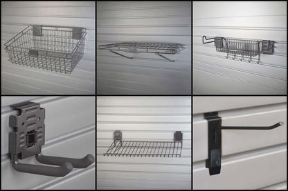 Slatwall Sports Accessories golf kit featuring wire baskets, shelves, hooks, and brackets mounted on white slatwall panels