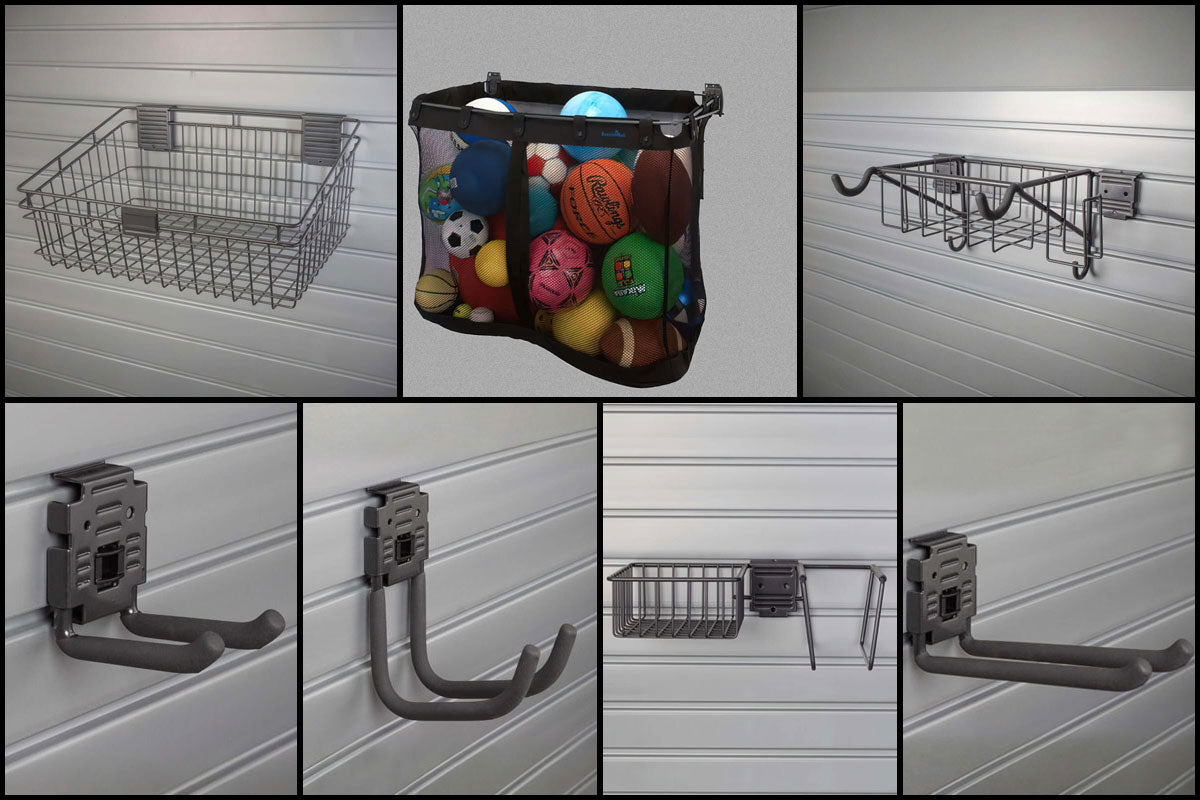 Slatwall Sports Accessories kit featuring wire baskets, mesh ball bag, and wall hooks for organized garage storage