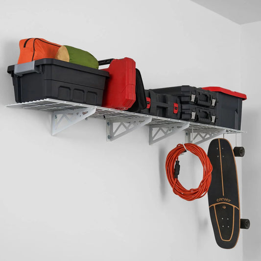 Garage Wall Shelving holding storage bins and gear, with hooks for extension cord and skateboard, mounted in corner
