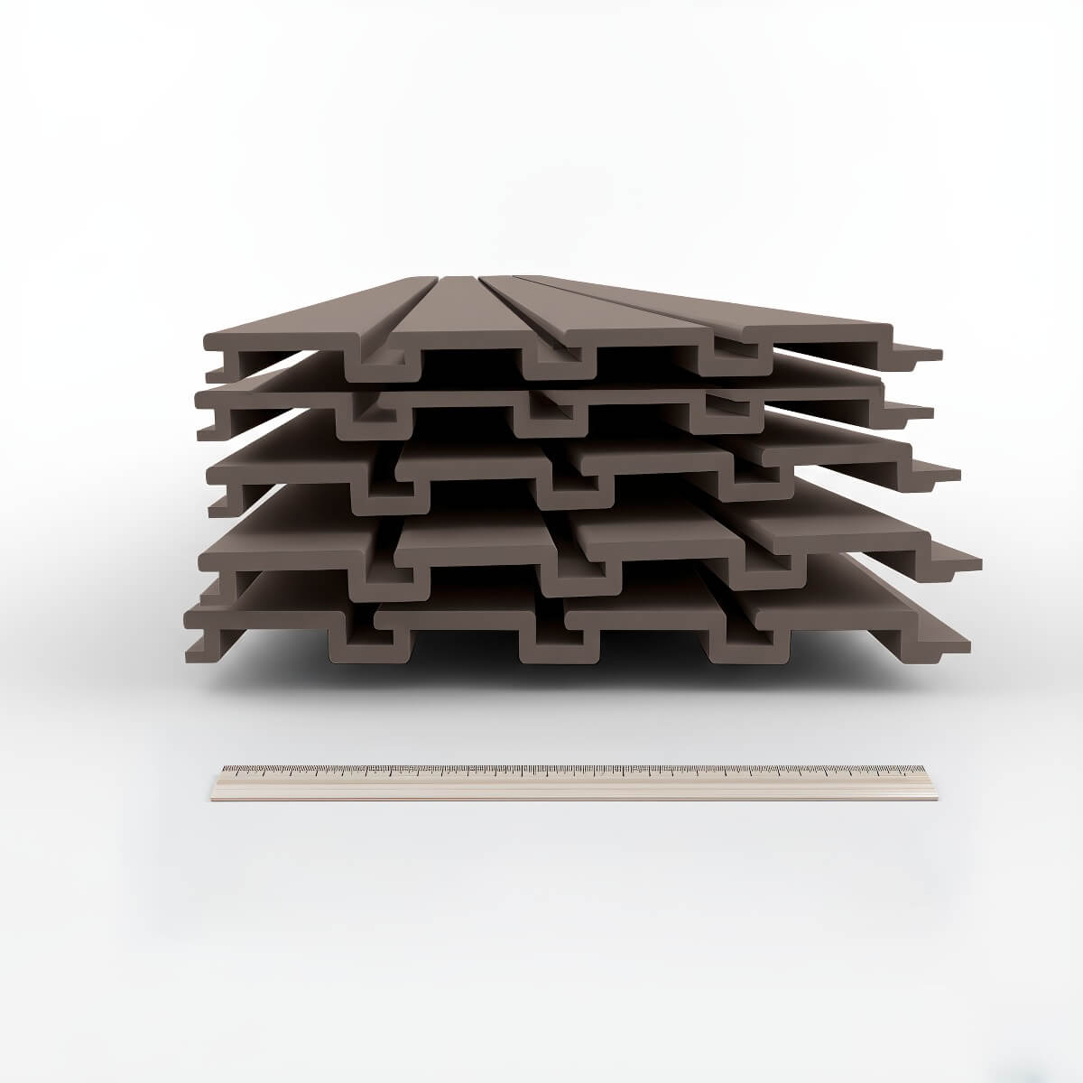 Slatwall Panels stacked in a set, taupe-colored 12" wide grooved PVC boards shown with ruler for scale__Taupe