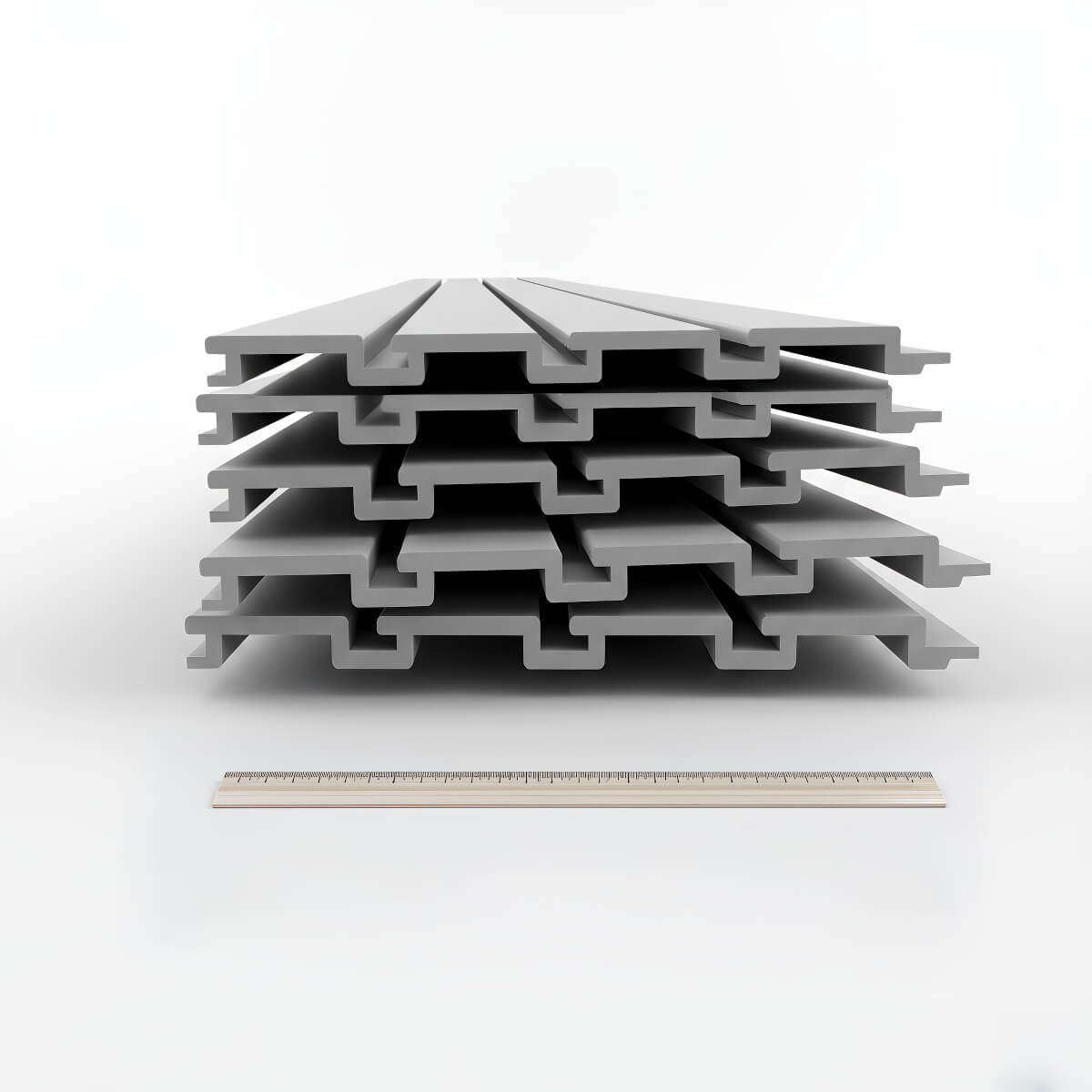 Slatwall Panels stacked in a set, showing interlocking groove profile design with a ruler for scale reference__White