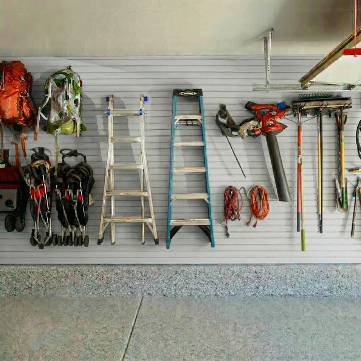 Slatwall Panels organizing a garage wall with ladders, backpacks, power tools, rakes, and extension cords neatly displayed.__White