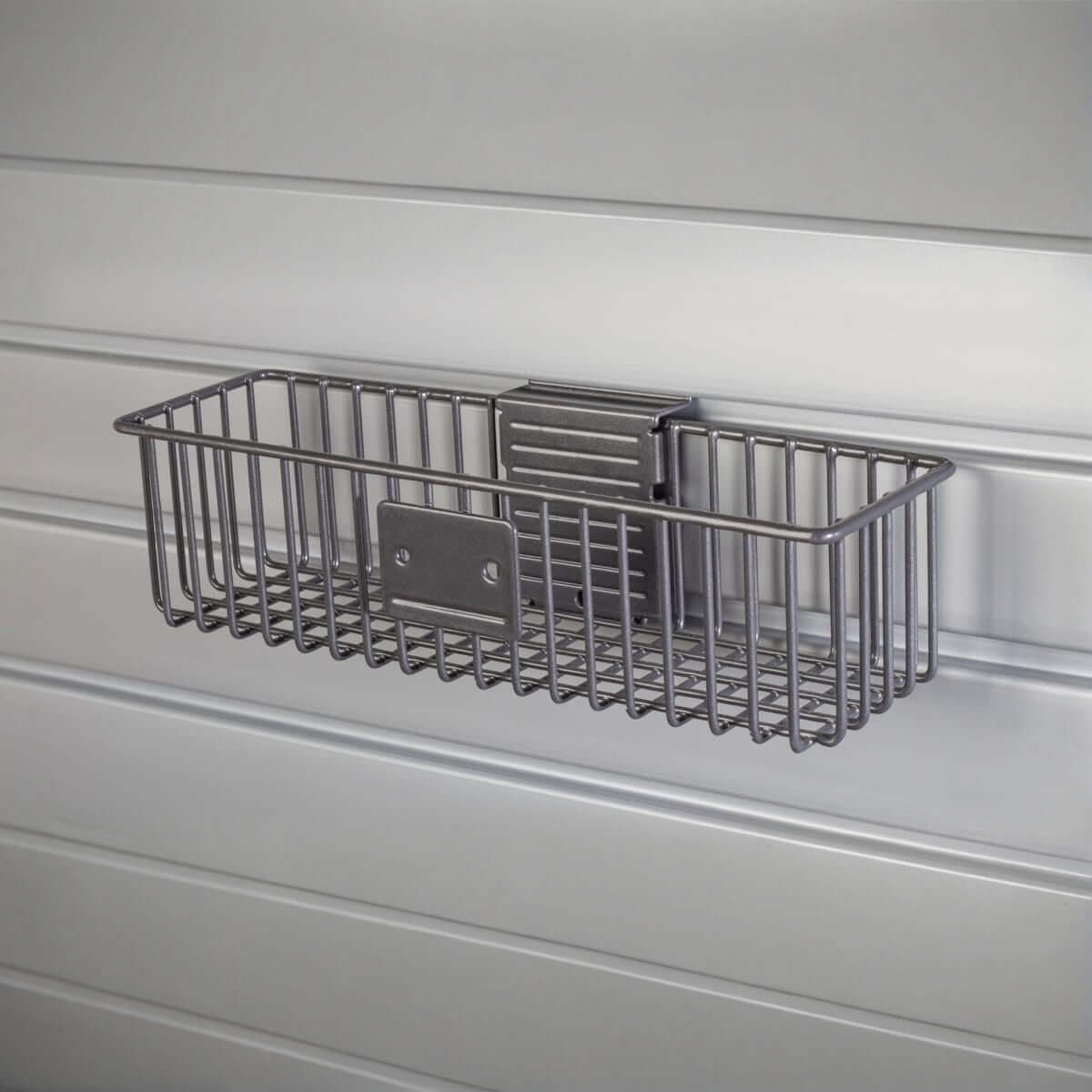 Slatwall Baskets steel wire 3x12 inch organizer mounted on gray slatwall panel for garage storage