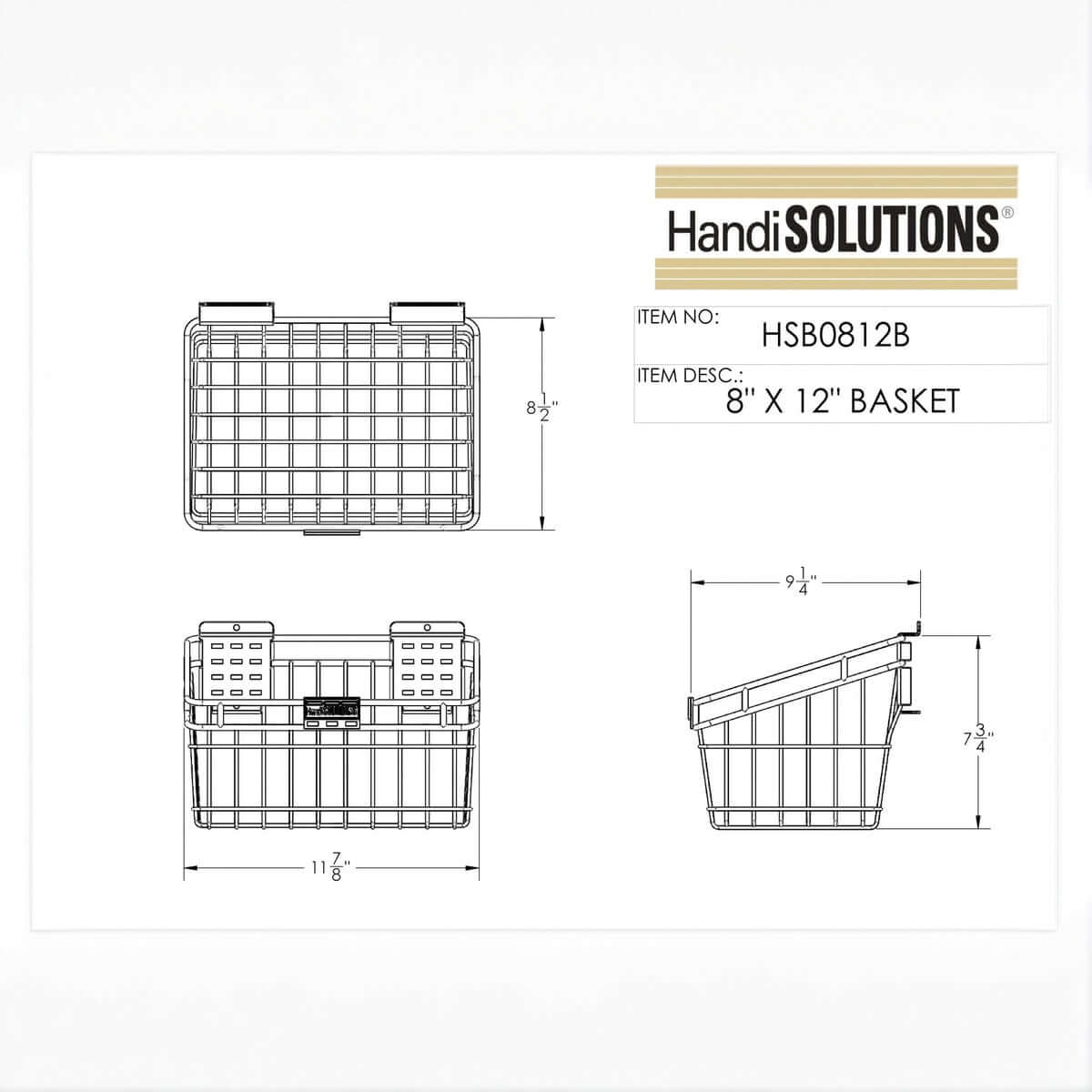 Slatwall Baskets technical drawing showing HSB0812B 8x12 inch wire basket dimensions: 8.5"H, 11.875"W, 9.25"D