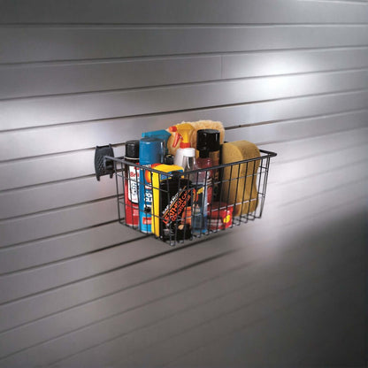 Slatwall Baskets wire storage basket mounted on garage wall holding car care products and cleaning supplies