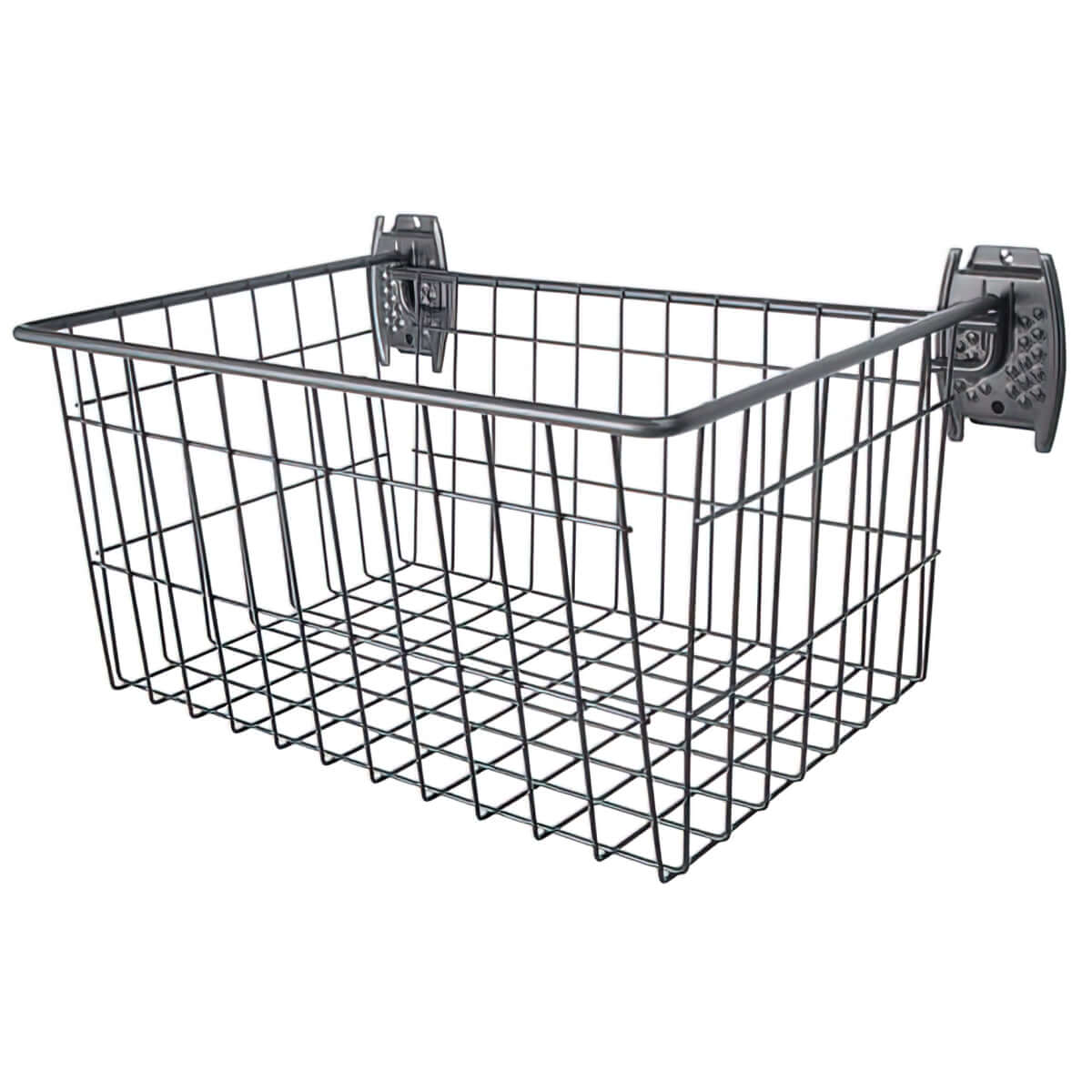 Slatwall Baskets large wire storage basket 20x13 mounted on wall panel hooks for garage organization
