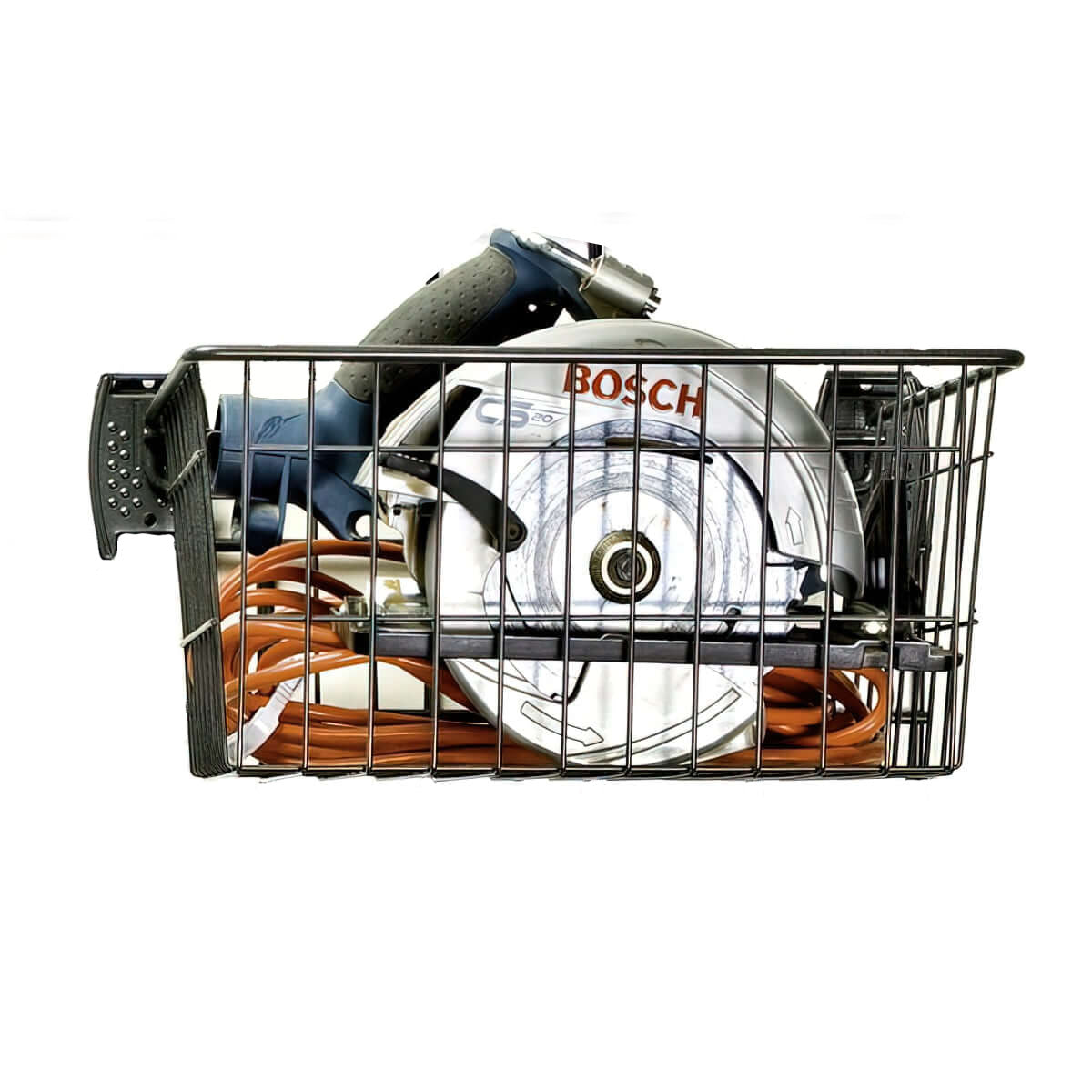 Slatwall Baskets holding a Bosch circular saw and coiled orange extension cord, mounted wire storage basket for garage tools