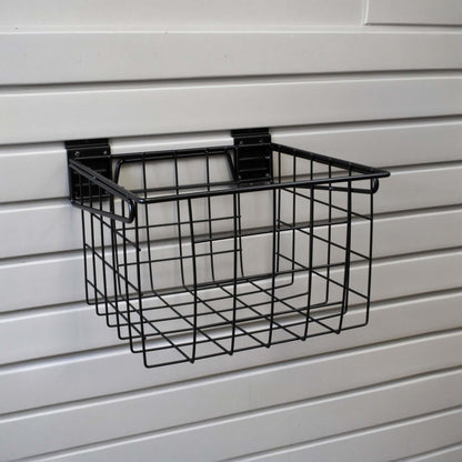 Slatwall Baskets black wire 12x12 deep basket mounted on white slatwall panel for garage storage organization