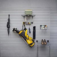 Slatwall Sports Accessories golf kit organizing clubs, bag, umbrella, shoes, and toiletries on a garage wall panel system