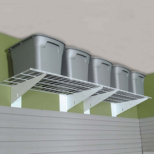 Garage Wall Shelving mounted to ceiling holding four large gray storage bins, maximizing overhead space in a garage