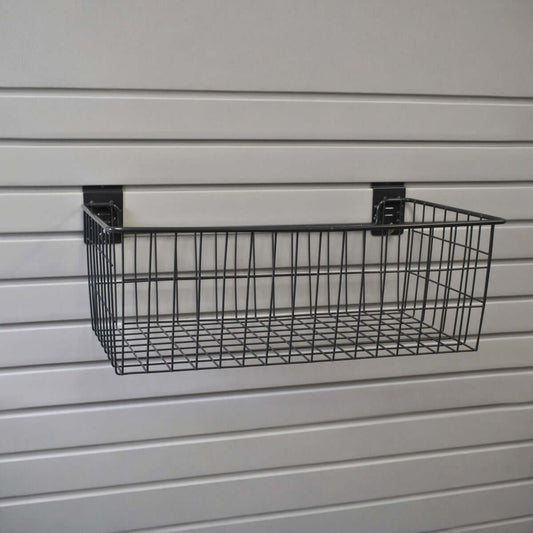 Slatwall Garden Storage wire basket mounted on gray slatwall panel, 12x24 inch black metal mesh organizer