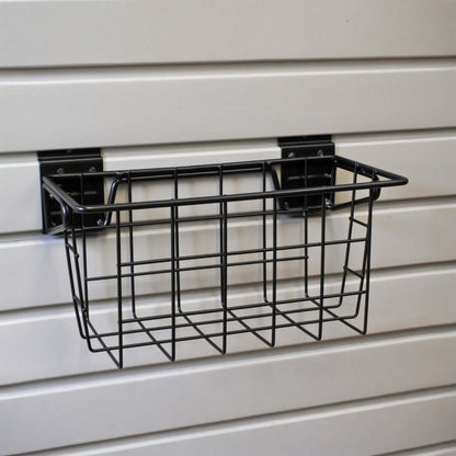 Slatwall Baskets - black wire narrow basket 12x6 mounted on gray slatwall panel for organized garage storage