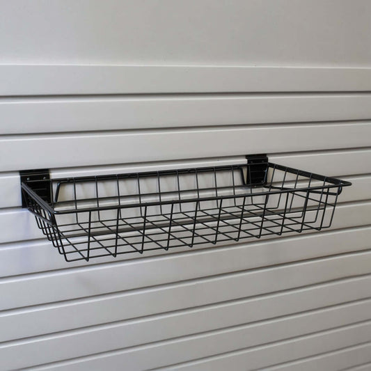 Slatwall Baskets 12x24 shallow black wire basket mounted on white slatwall panel for organized garage storage
