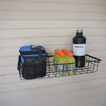 Slatwall Baskets wire shelf holding a lunch bag, Gatorade bottles, and Corkcicle canteen mounted on wood wall