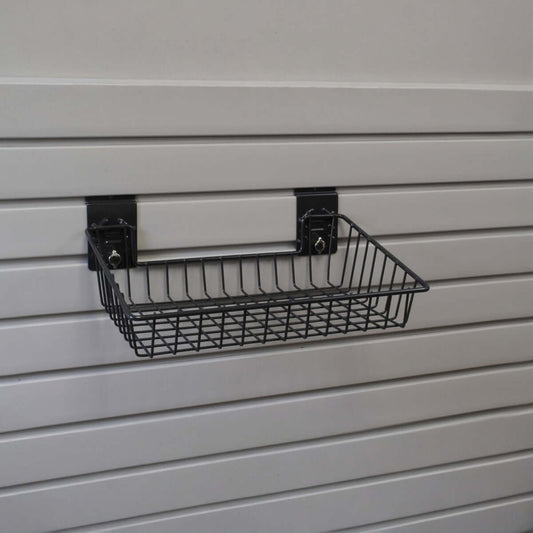 Slatwall Baskets black wire 15x10 angled basket mounted on gray slatwall panel for organized garage storage