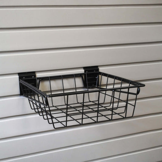 Slatwall Baskets - black wire 12x12 basket mounted on gray slatwall panel for organized wall storage