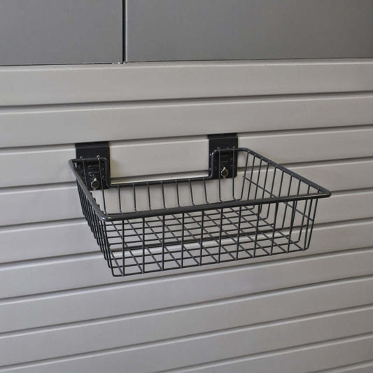 Slatwall Baskets wire shallow basket mounted on gray slatwall panel for organized garage storage