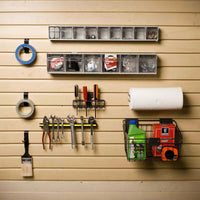 Slatwall Workshop Accessories kit displayed on wooden wall with organized tools, tapes, screwdrivers, wrenches, bins, and storage basket